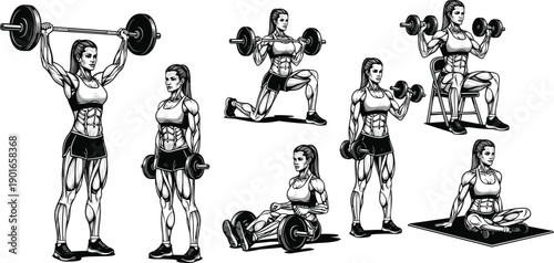 Strong female fitness illustration set with weightlifting, dumbbell exercises, muscle training, workout poses, bodybuilding woman drawings for gym and health design