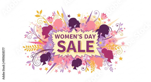 Women's day sale colorful banner with silhouettes and floral elements