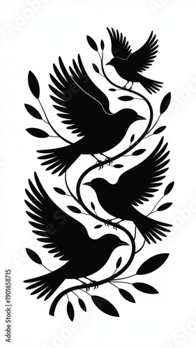 Vector illustration of birds in flight surrounded by foliage and leaves