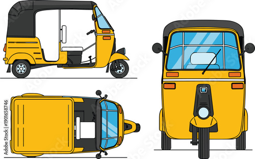 Yellow auto rickshaw illustration showing front, side and top views for transportation design, urban mobility, public transport and vehicle concept artwork