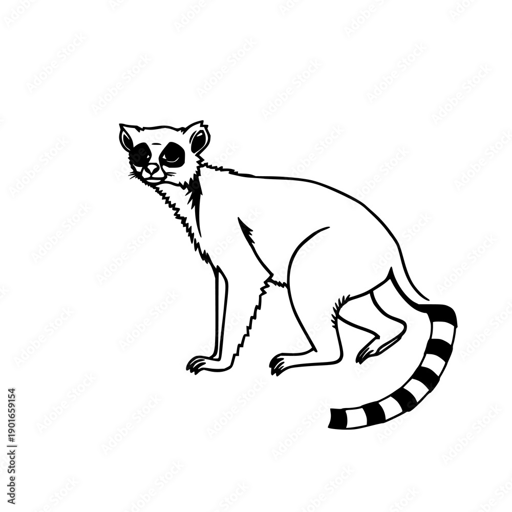 Obraz premium Flat 2D vector illustration of a lemur with long ringed tail, bold black outlines on white background, perfect for wildlife education and marketing.
