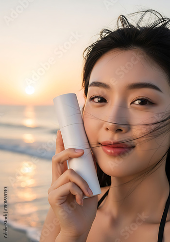 Smiling asian woman holding sunscreen on beach at sunset enjoying the warm weather and protecting her skin from the sun's rays, creating a peaceful and healthy scene.