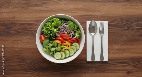 Fresh and Vibrant Salad Ready to be Enjoyed with Utensils on a Wooden Surface