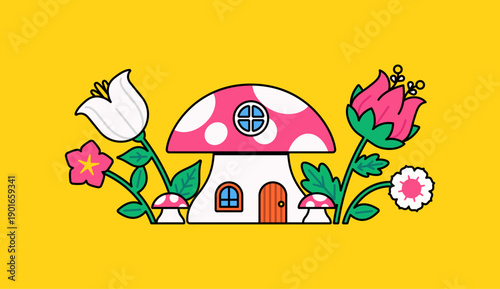 Mushroom house illustration surrounded by blooming flowers on bright yellow background. perfect for fairy tale, fantasy, kids design, storybook vector cartoon in hand drawn style