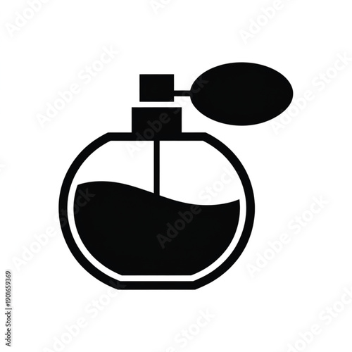 Simple black and white graphic illustration of a perfume bottle with an oval atomizer viewed from the front