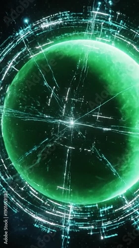 A glowing green sphere radiates energy with white lines, amid a dark, star-filled cosmos