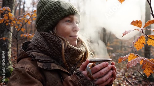 Wallpaper Mural Young woman enjoying hot beverage in autumn forest during cold weather. Torontodigital.ca
