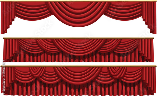 Luxurious red stage curtains with elegant drapery folds and theatrical valances, detailed vector set for theater performance, decoration, cinema and event design