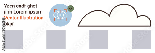 Data security, cloud storage, online verification, internet services, icon design, technology interface. Cloud outline and focus icon with a checkmark. Data security and cloud storage visualization