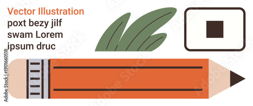 Education, creativity, design tools, artistic , writing concepts, stationery elements. Orange pencil with leaves and square text layout. Creativity and education concept