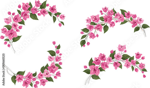 Pink floral branches with blossoms decorative flower arrangements botanical illustration spring wreath elements elegant nature design vector artwork blooming composition