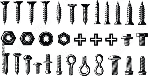 Screws bolts nuts and fasteners illustration set featuring hardware components for construction tools mechanics engineering repair parts and industrial design projects