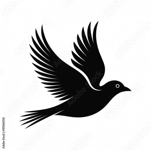 Vector illustration of a flying bird in mid-air with spread wings, a simple black silhouette against a plain background