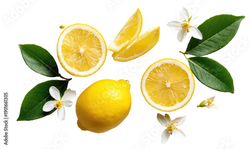 Lemons, slices, white blossoms, green leaves on black