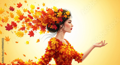 Autumn Woman Hair Flowing Leaves, Seasonal Beauty, Fall Marketing, Web Design, Natural Elegance, Vibrant Colors