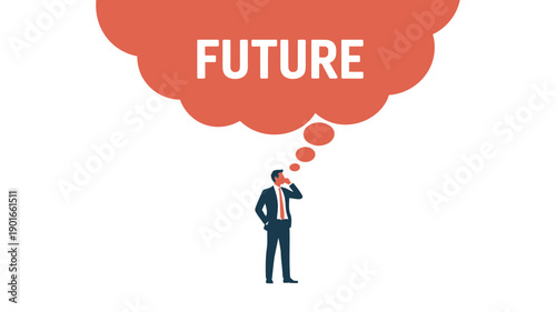 A businessman in a suit thinks about his future with a large thought bubble above his head.