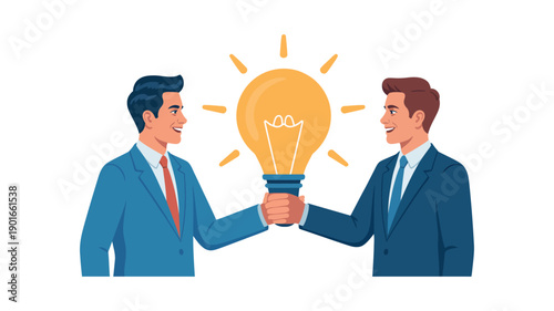 Two businessmen in suits shaking hands and sharing a bright idea with a lightbulb