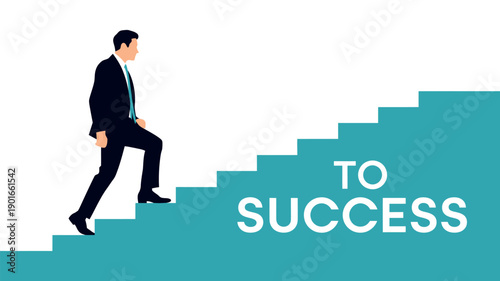 A determined businessman climbing the stairs to success in his corporate career