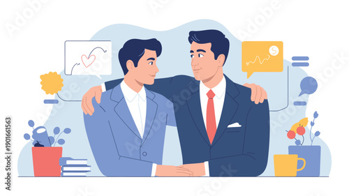Two businessmen in suits discussing ideas in a modern office with a friendly atmosphere