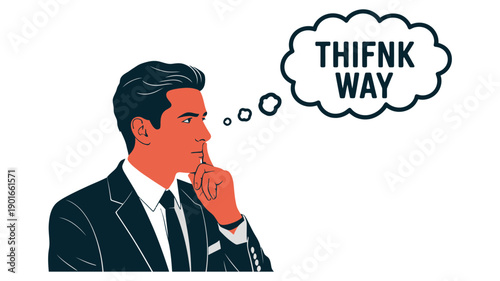 A thoughtful businessman in a suit with a speech bubble saying think differently in a creative way