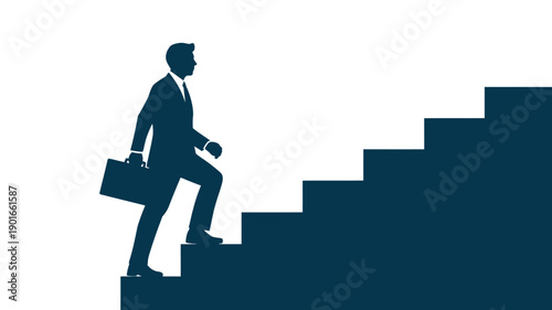 A determined businessman climbing the corporate ladder with a briefcase in hand