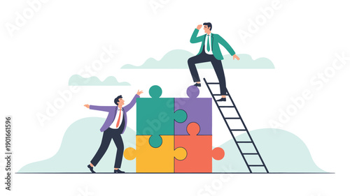 Two businessmen working together to solve a puzzle with a ladder to success