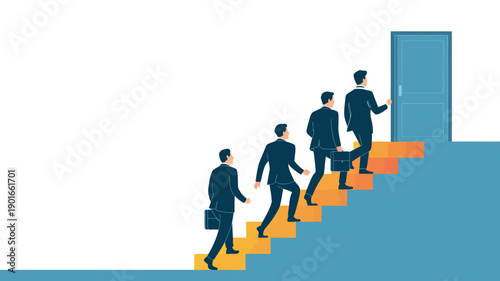 Businessmen climbing stairs to success in a corporate environment