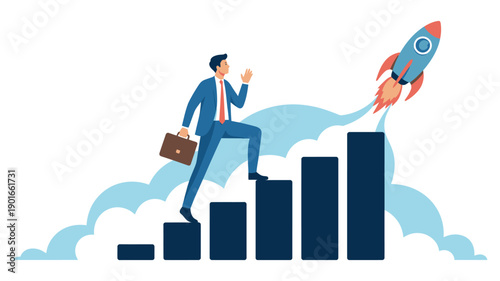 A businessman in a blue suit climbs a bar graph towards a rocket ship blasting off into the clouds, symbolizing career growth and success.