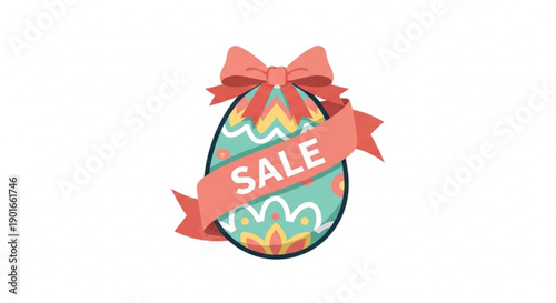 Colorful easter egg with sale ribbon and bow on white background