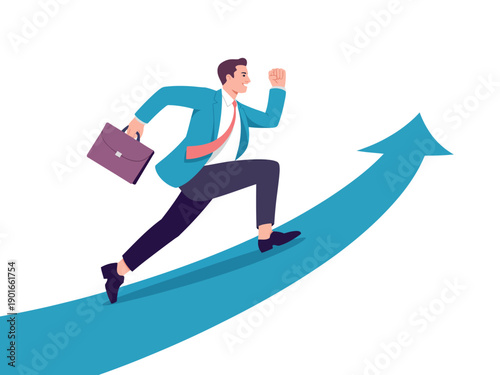 A determined businessman running up a blue arrow, symbolizing growth and success in his career.