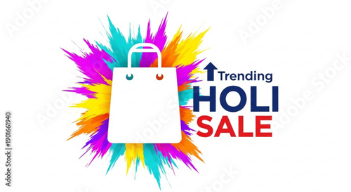Vibrant holi sale banner with white shopping bag and colorful splashes