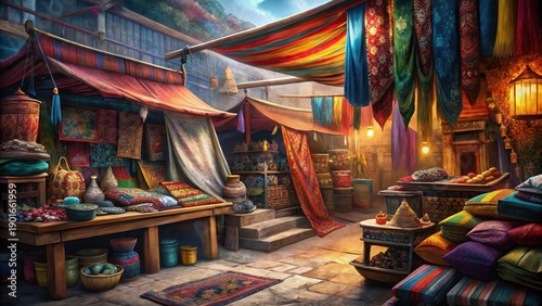 Traditional Nepali and Indian textiles adorn vibrant cashmere fabrics in a colorful market marketplace display