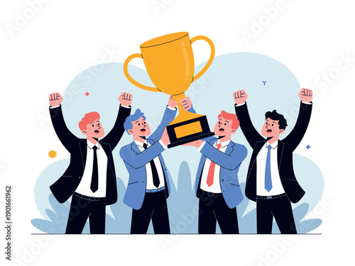 Four businessmen celebrating with a trophy in a cartoon style
