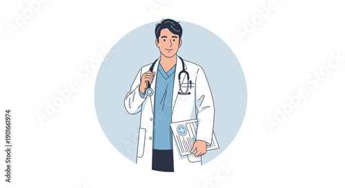 Male doctor in white lab coat holding clipboard and stethoscope, standing confidently with thumbs up gesture