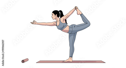Woman practicing yoga in a serene environment on a mat, standing on one leg with arm outstretched