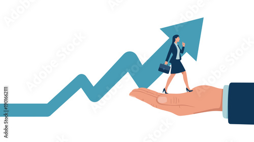 A businesswoman walking on a giant hand with an upward trending arrow in the background, symbolizing career growth and success.