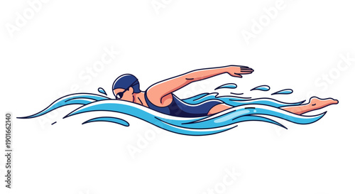 Illustration of a swimmer in action, diving into the water with dynamic strokes, viewed from the side