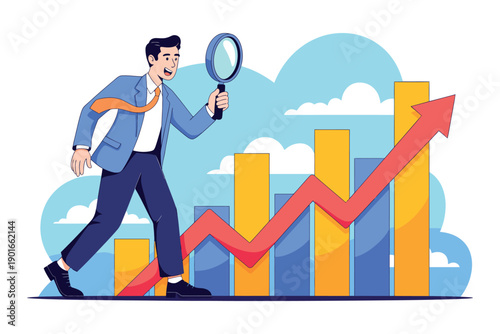 A businessman analyzes a growing graph with a magnifying glass in a cartoon style