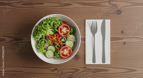 Fresh garden salad in a white bowl on a wooden table with cutlery. Vibrant lettuce, ripe tomatoes, and crisp cucumbers for a healthy, nutritious, and balanced meal