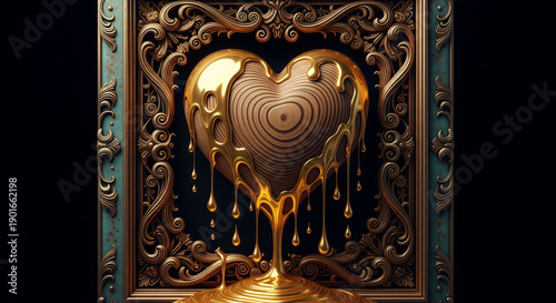 Ornate Golden Heart Dripping Gold. Luxury Valentine's Day Love, Precious Romance, Elegant Gift Marketing.