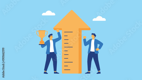 Two businessmen celebrating success with a giant upward arrow and trophy in a light blue background