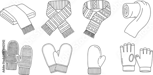 Winter scarf and gloves line art icons set, hand drawn cold weather accessories collection, minimalist outline illustration isolated