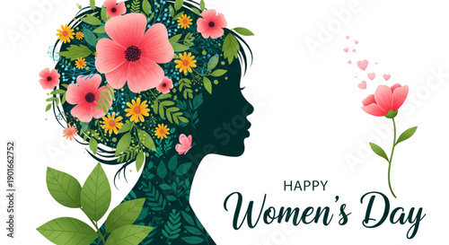 Happy Women's Day Greeting with Beautiful Floral Woman Silhouette for Empowerment and Spring Celebration