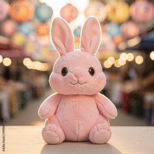 Cute pink plush bunny rabbit sitting on table with bokeh background
