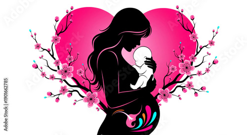 Loving Motherhood Pregnant Woman Silhouette Embracing Newborn Baby with Pink Heart and Floral Bloom