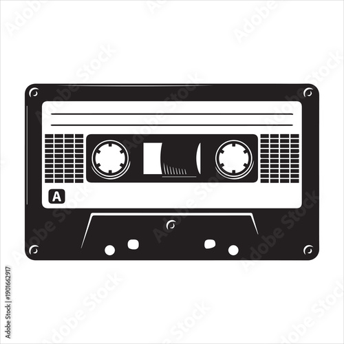 Audio cassette tape silhouette, retro 80's Mixtape eps vector art image illustration isolated on white background.