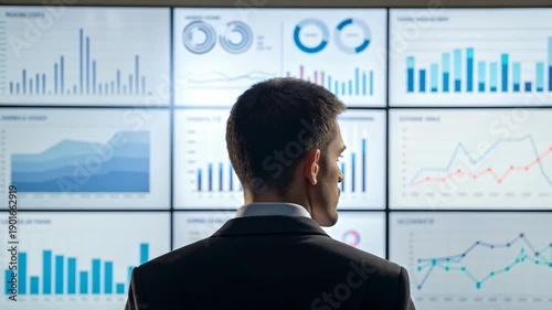 Business analyst observing multiple data dashboards wall monitors displaying charts and graphs with focused expression viewing multiple data