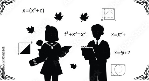 Black silhouette of student characters with math formulas and autumn leaves on white background for education and science back to school concept.