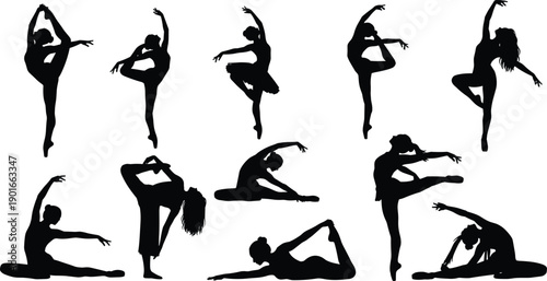 Collection of ballet and dance silhouettes isolated on white background, graceful female dancers performing artistic poses showing flexibility, balance, elegance, movement, fitness