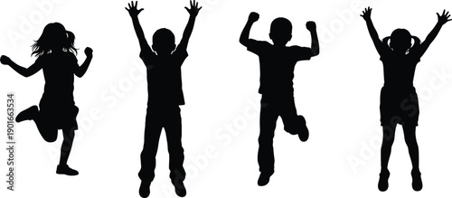 Collection of jumping children silhouettes isolated on white background, happy boys and girls celebrating with raised hands, energetic kids poses expressing joy, success, play